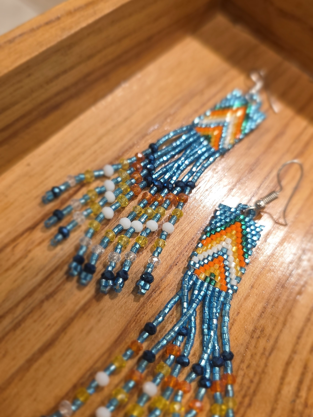 BOUTIQUE Handmade Shimmer Teal and Orange Beaded Fringe Earrings MEXICO